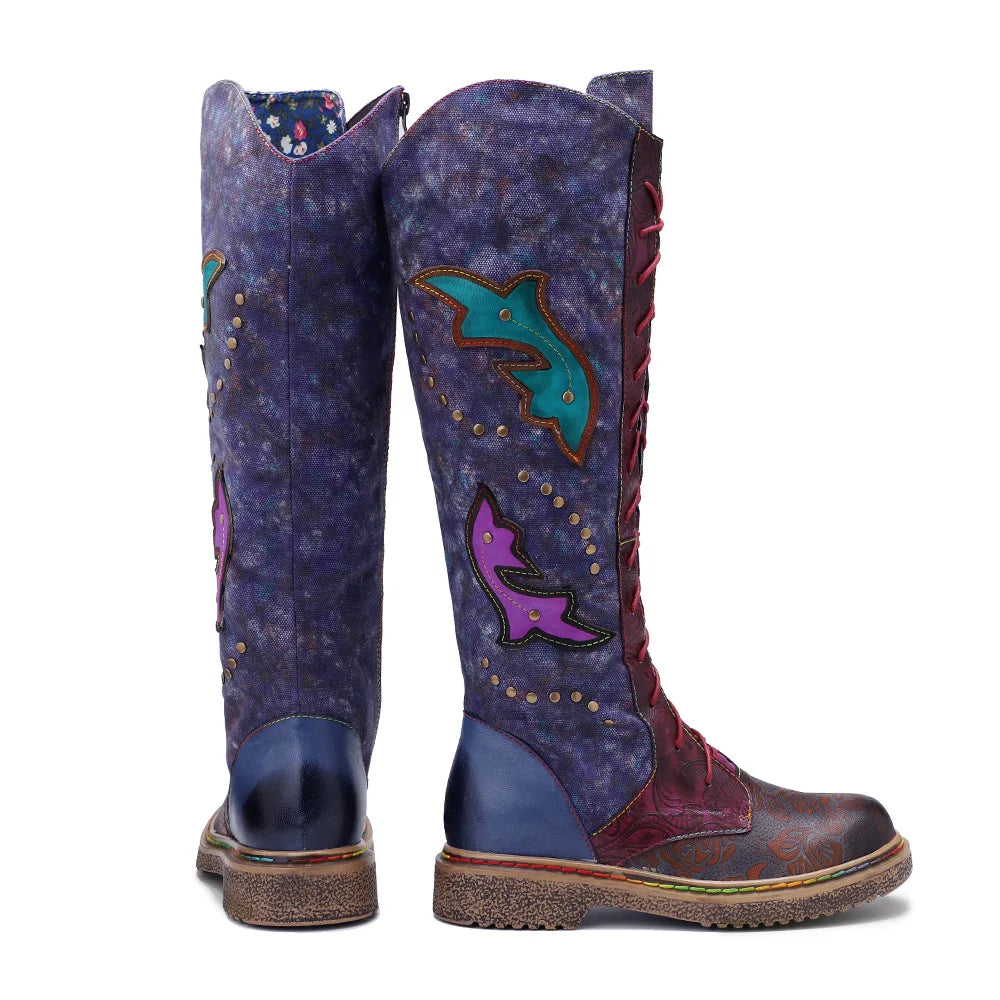Socofy Raffan Women's Genuine Leather Knee-High Cowgirl Boots - CB065