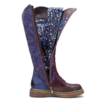 Socofy Raffan Women's Genuine Leather Knee-High Cowgirl Boots - CB065