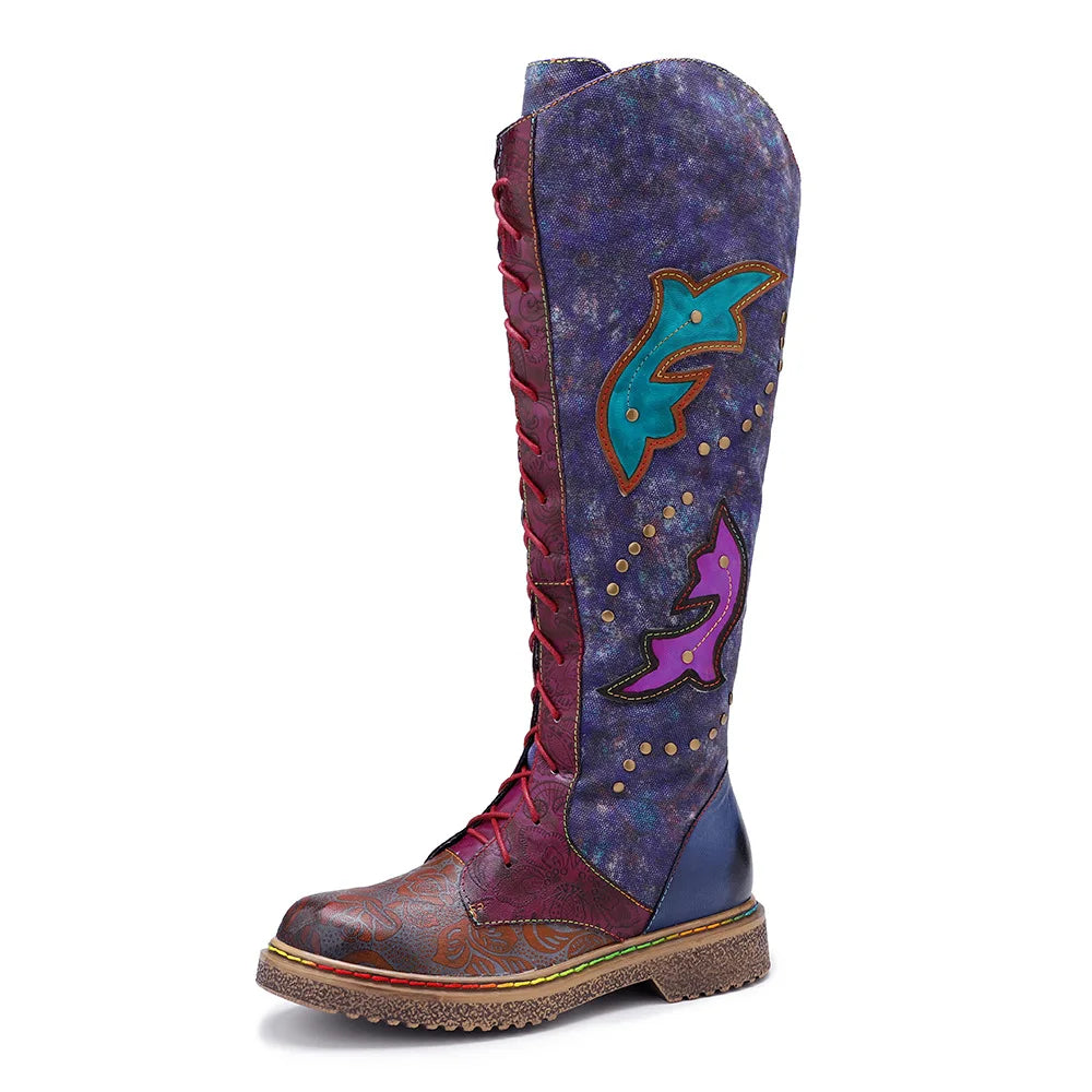 Socofy Raffan Women's Genuine Leather Knee-High Cowgirl Boots - CB065