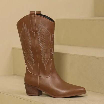Women's PU Leather Western Embroidered Mid-Calf Pointed Toe High Heel Cowgirl Boots - CB004
