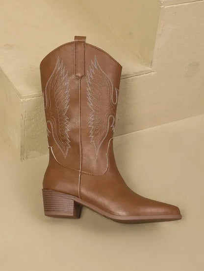 Women's PU Leather Western Embroidered Mid-Calf Pointed Toe High Heel Cowgirl Boots - CB004