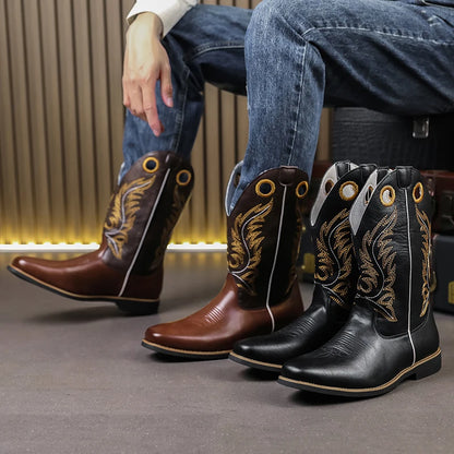 Men's PU Leather Western Embroidered Metallic Knee-High Pointed Toe Cowboy Boots - CB020