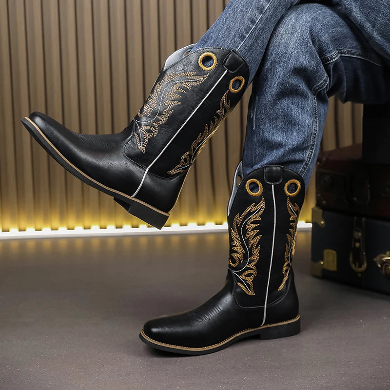 Men's PU Leather Western Embroidered Metallic Knee-High Pointed Toe Cowboy Boots - CB020