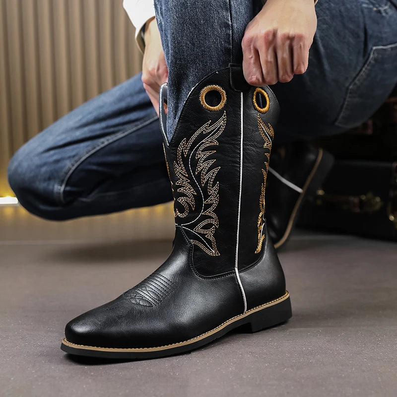 Men's PU Leather Western Embroidered Metallic Knee-High Pointed Toe Cowboy Boots - CB020
