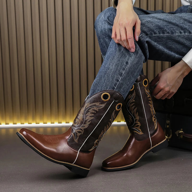 Men's PU Leather Western Embroidered Metallic Knee-High Pointed Toe Cowboy Boots - CB020