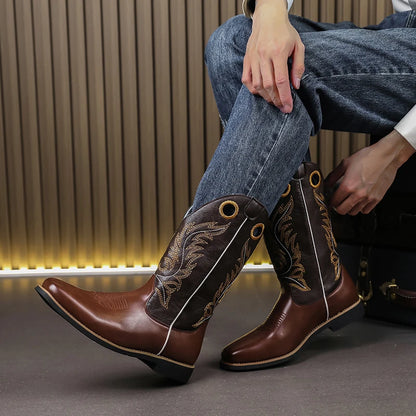 Men's PU Leather Western Embroidered Metallic Knee-High Pointed Toe Cowboy Boots - CB020