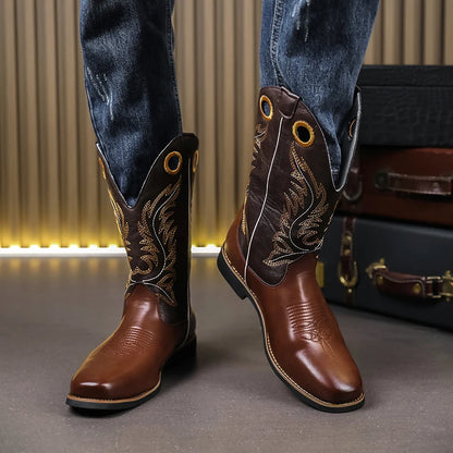 Men's PU Leather Western Embroidered Metallic Knee-High Pointed Toe Cowboy Boots - CB020