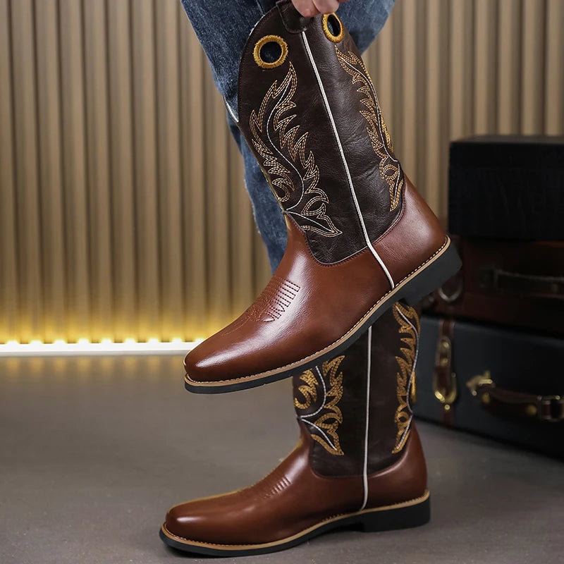 Men's PU Leather Western Embroidered Metallic Knee-High Pointed Toe Cowboy Boots - CB020