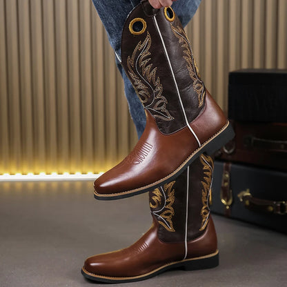 Men's PU Leather Western Embroidered Metallic Knee-High Pointed Toe Cowboy Boots - CB020