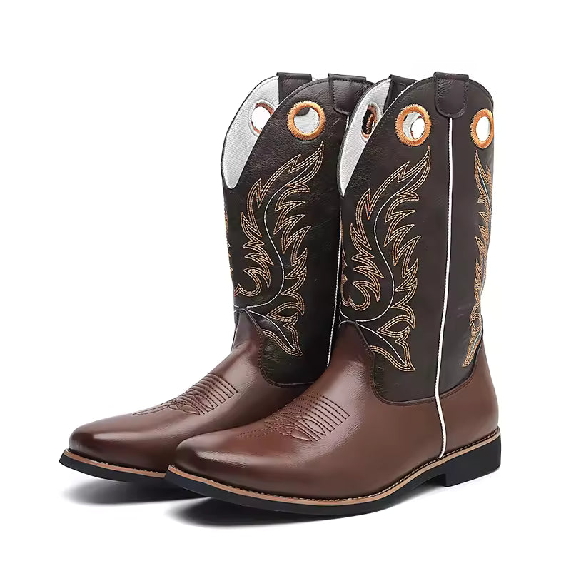 Men's PU Leather Western Embroidered Metallic Knee-High Pointed Toe Cowboy Boots - CB020
