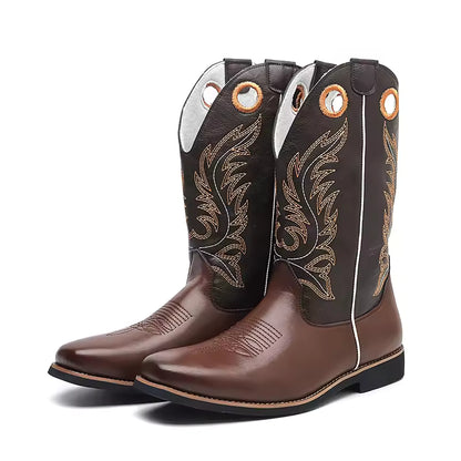 Men's PU Leather Western Embroidered Metallic Knee-High Pointed Toe Cowboy Boots - CB020