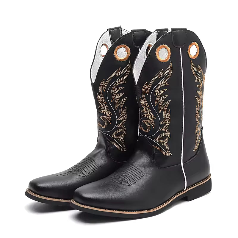 Men's PU Leather Western Embroidered Metallic Knee-High Pointed Toe Cowboy Boots - CB020