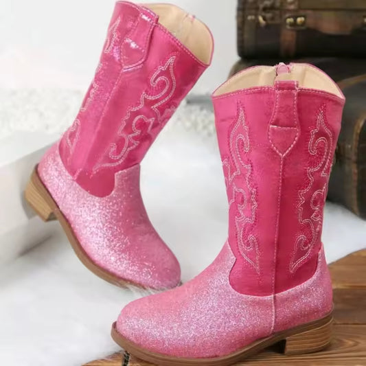Girls' Western Embroidered Side-Zip Over-the-Knee Pointed Toe Cowgirl Boots - CB078