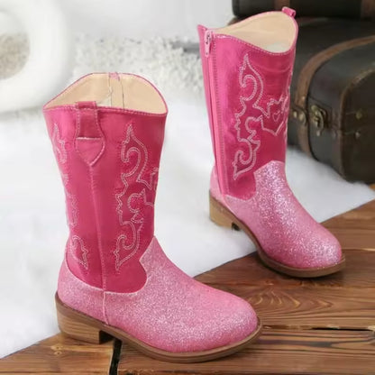 Girls' Western Embroidered Side-Zip Over-the-Knee Pointed Toe Cowgirl Boots - CB078