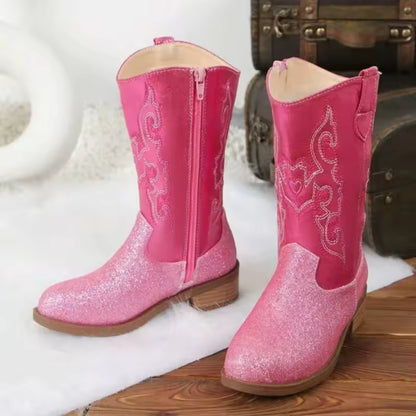 Girls' Western Embroidered Side-Zip Over-the-Knee Pointed Toe Cowgirl Boots - CB078