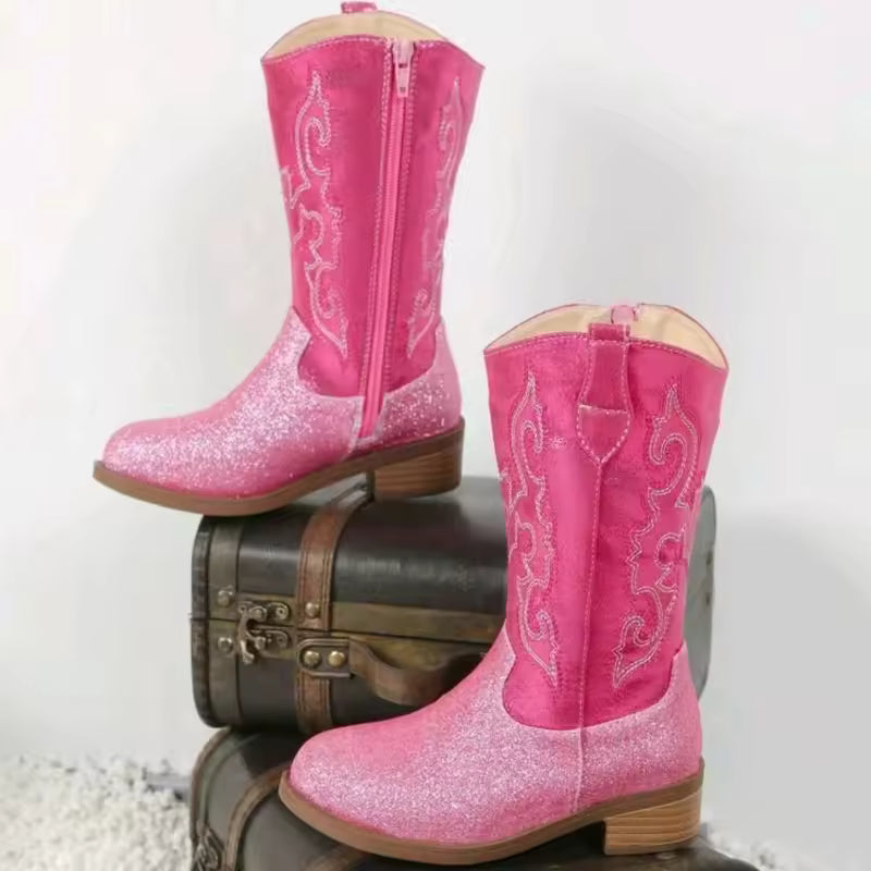 Girls' Western Embroidered Side-Zip Over-the-Knee Pointed Toe Cowgirl Boots - CB078