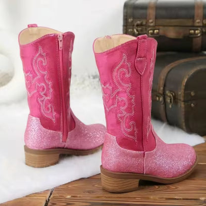 Girls' Western Embroidered Side-Zip Over-the-Knee Pointed Toe Cowgirl Boots - CB078