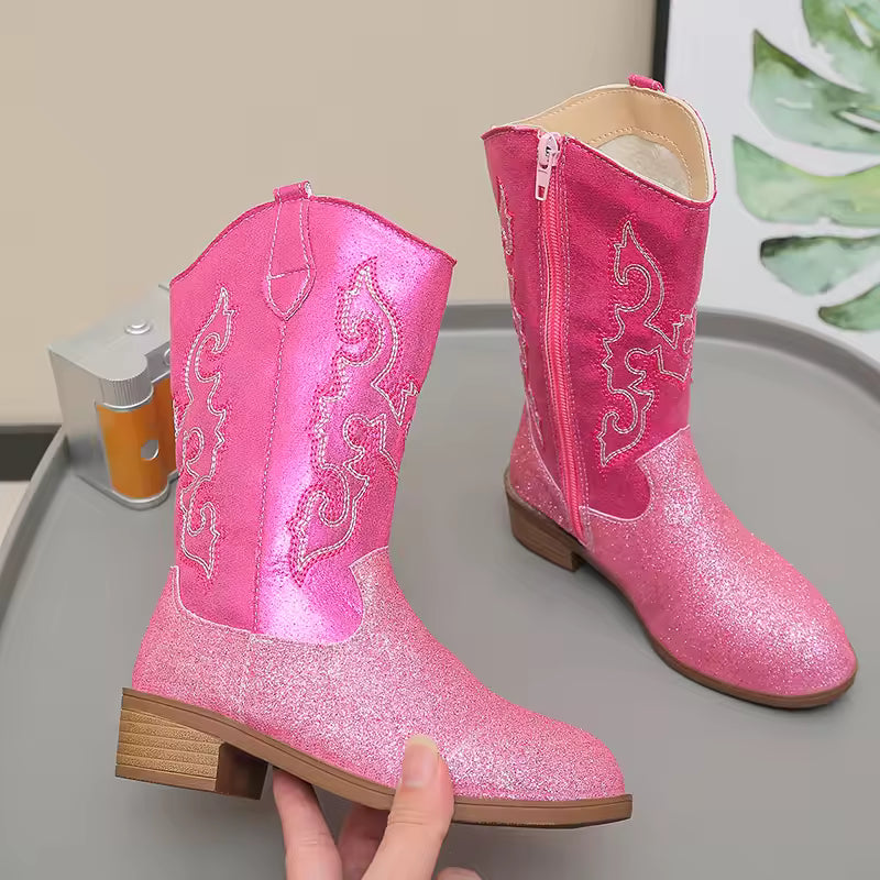 Girls' Western Embroidered Side-Zip Over-the-Knee Pointed Toe Cowgirl Boots - CB078