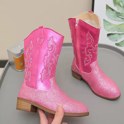 Girls' Western Embroidered Side-Zip Over-the-Knee Pointed Toe Cowgirl Boots - CB078