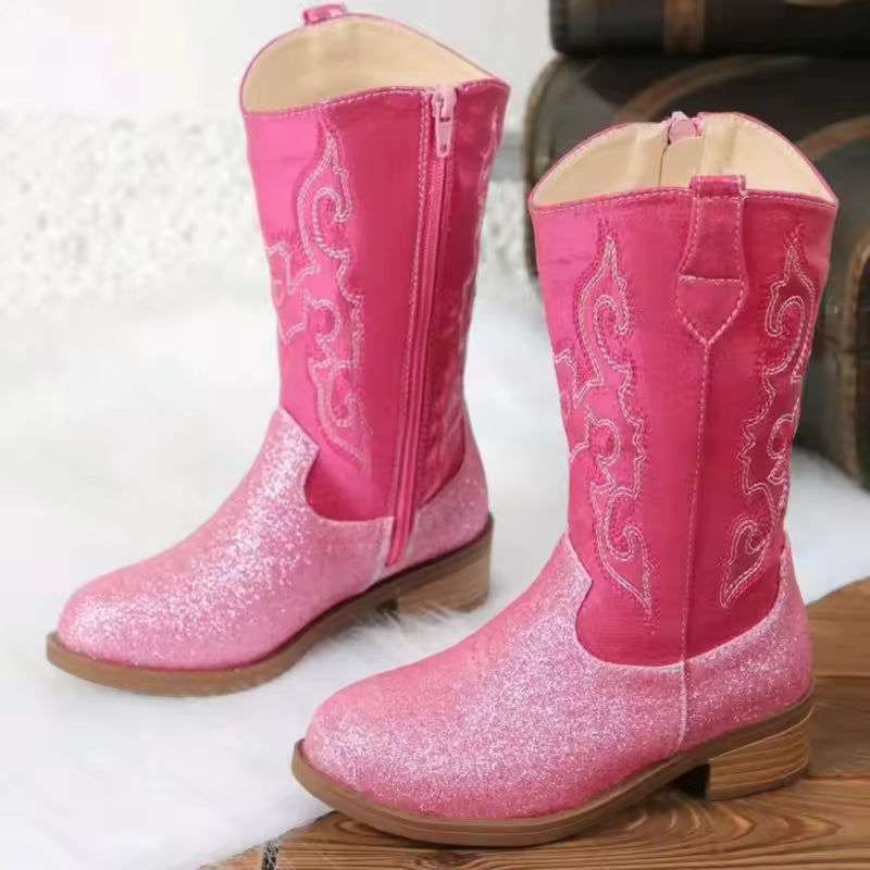 Girls' Western Embroidered Side-Zip Over-the-Knee Pointed Toe Cowgirl Boots - CB078