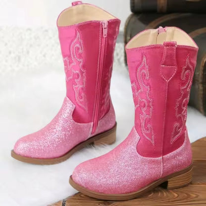 Girls' Western Embroidered Side-Zip Over-the-Knee Pointed Toe Cowgirl Boots - CB078