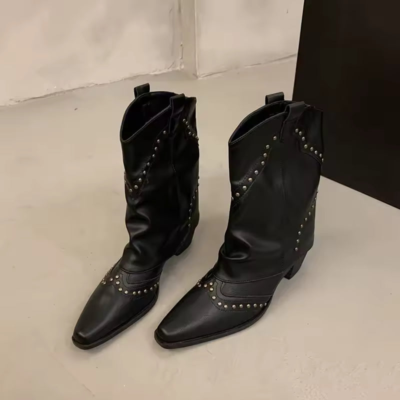 Women's PU Leather Knee-High Pointed Toe High Heel Cowgirl Boots - CB005