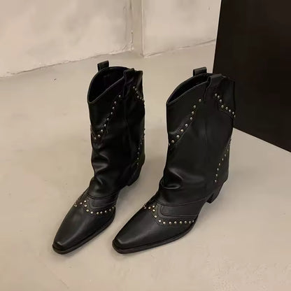 Women's PU Leather Knee-High Pointed Toe High Heel Cowgirl Boots - CB005