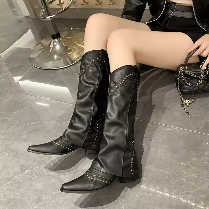 Women's PU Leather Knee-High Pointed Toe High Heel Cowgirl Boots - CB005