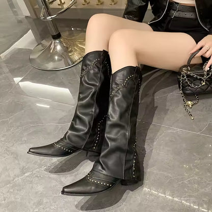 Women's PU Leather Knee-High Pointed Toe High Heel Cowgirl Boots - CB005