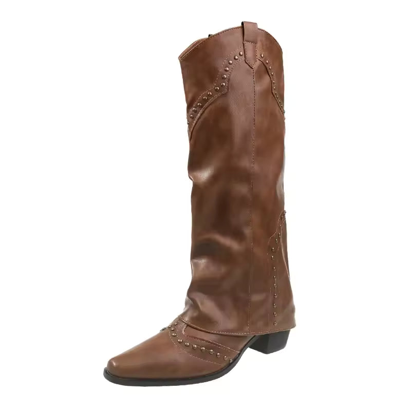 Women's PU Leather Knee-High Pointed Toe High Heel Cowgirl Boots - CB005