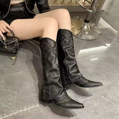 Women's PU Leather Knee-High Pointed Toe High Heel Cowgirl Boots - CB005