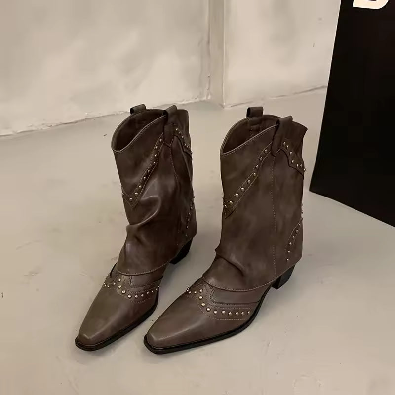 Women's PU Leather Knee-High Pointed Toe High Heel Cowgirl Boots - CB005