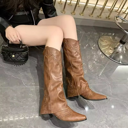 Women's PU Leather Knee-High Pointed Toe High Heel Cowgirl Boots - CB005