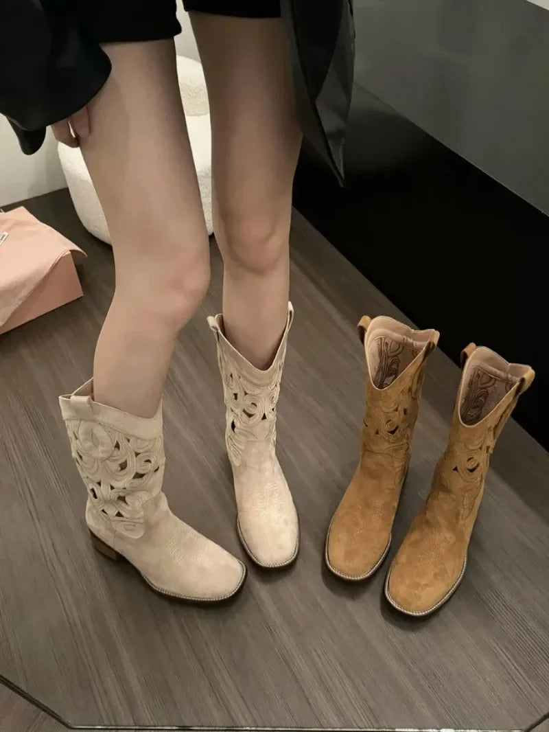 Women's Suede-Look Western Embroidered Mid-Calf Round Toe Block Heel Cowgirl Boots - CB035