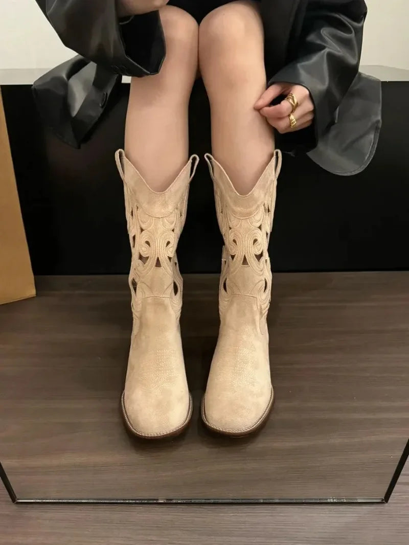 Women's Suede-Look Western Embroidered Mid-Calf Round Toe Block Heel Cowgirl Boots - CB035