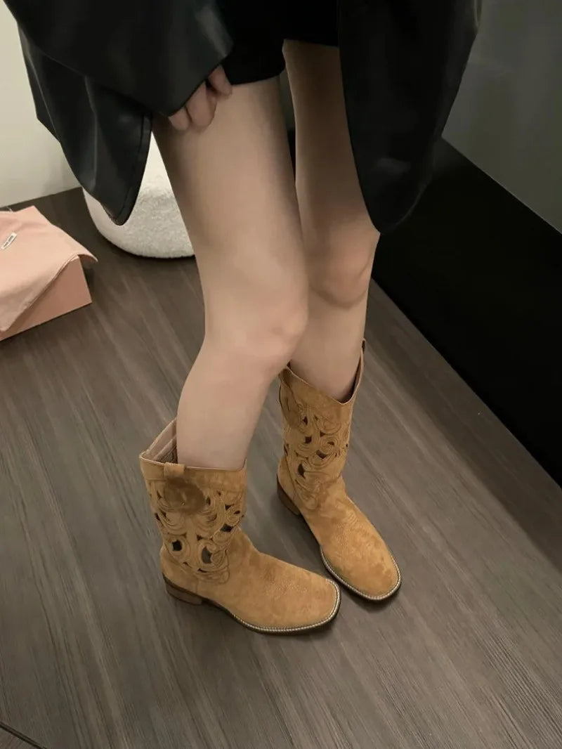 Women's Suede-Look Western Embroidered Mid-Calf Round Toe Block Heel Cowgirl Boots - CB035