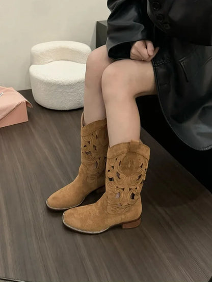 Women's Suede-Look Western Embroidered Mid-Calf Round Toe Block Heel Cowgirl Boots - CB035
