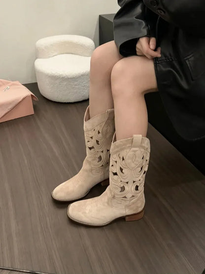 Women's Suede-Look Western Embroidered Mid-Calf Round Toe Block Heel Cowgirl Boots - CB035