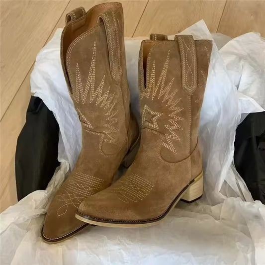 Women's Suede-Look Western Embroidered Mid-Calf Pointed Toe Cowgirl Boots - CB011