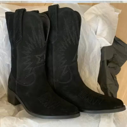 Women's Suede-Look Western Embroidered Mid-Calf Pointed Toe Cowgirl Boots - CB011