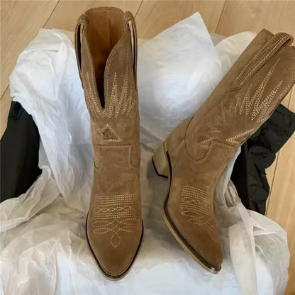 Women's Suede-Look Western Embroidered Mid-Calf Pointed Toe Cowgirl Boots - CB011
