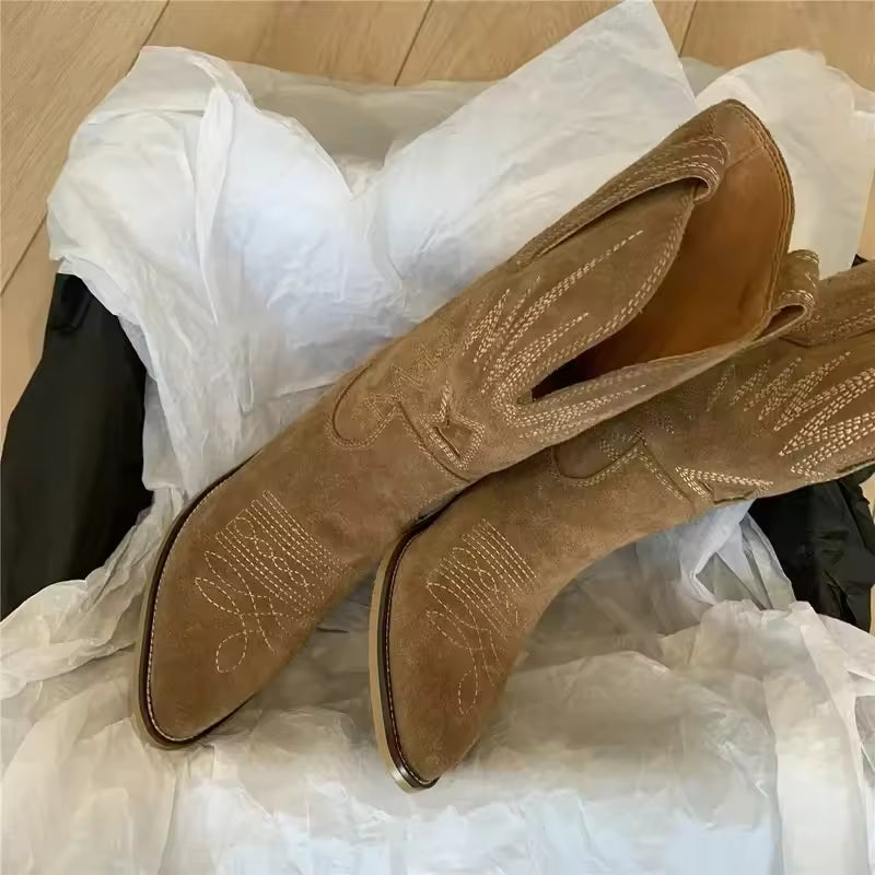 Women's Suede-Look Western Embroidered Mid-Calf Pointed Toe Cowgirl Boots - CB011