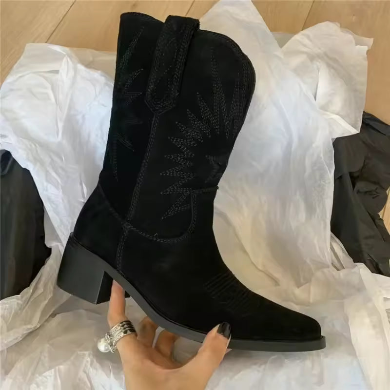 Women's Suede-Look Western Embroidered Mid-Calf Pointed Toe Cowgirl Boots - CB011