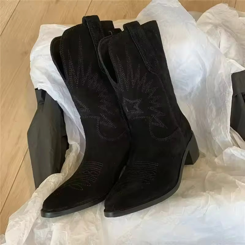 Women's Suede-Look Western Embroidered Mid-Calf Pointed Toe Cowgirl Boots - CB011