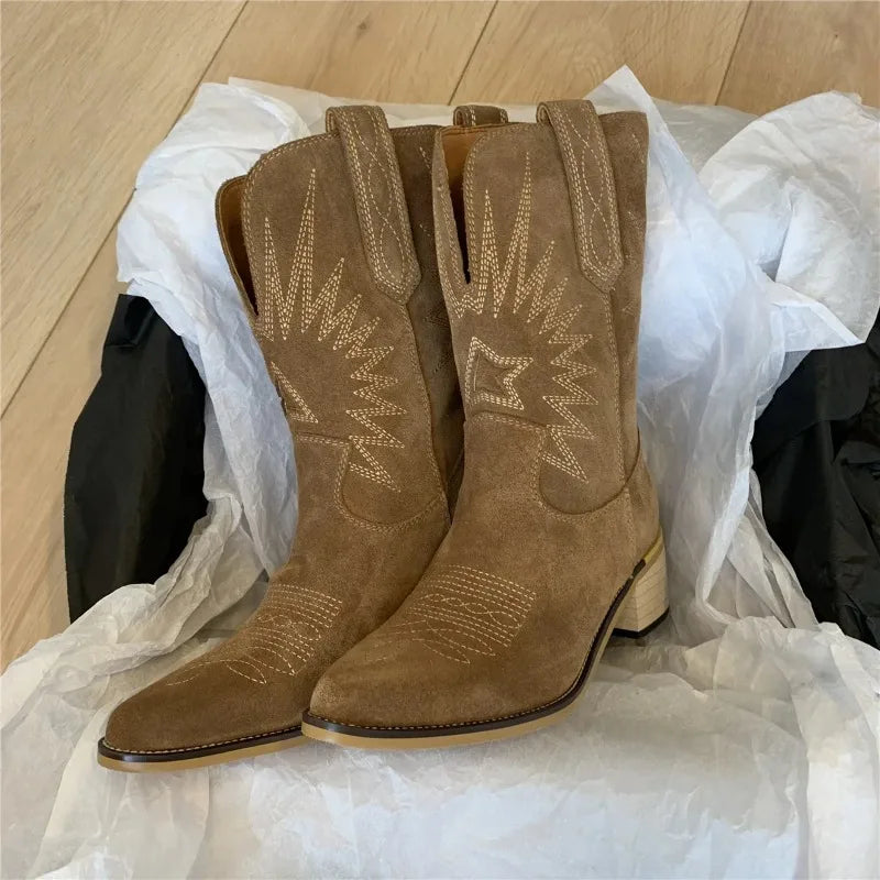 Women's Suede-Look Western Embroidered Mid-Calf Pointed Toe Cowgirl Boots - CB011