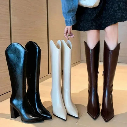 Women's PU Leather V-Cut Knee-High Pointed Toe Block Heel Cowgirl Boots - CB037