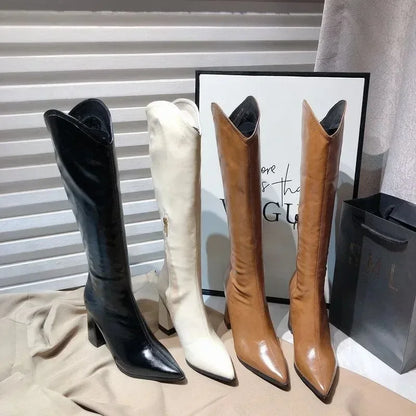 Women's PU Leather V-Cut Knee-High Pointed Toe Block Heel Cowgirl Boots - CB037