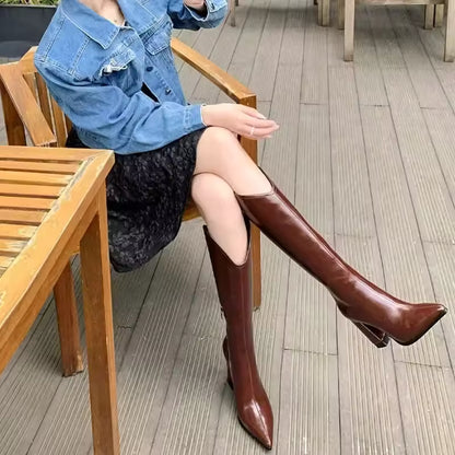 Women's PU Leather V-Cut Knee-High Pointed Toe Block Heel Cowgirl Boots - CB037