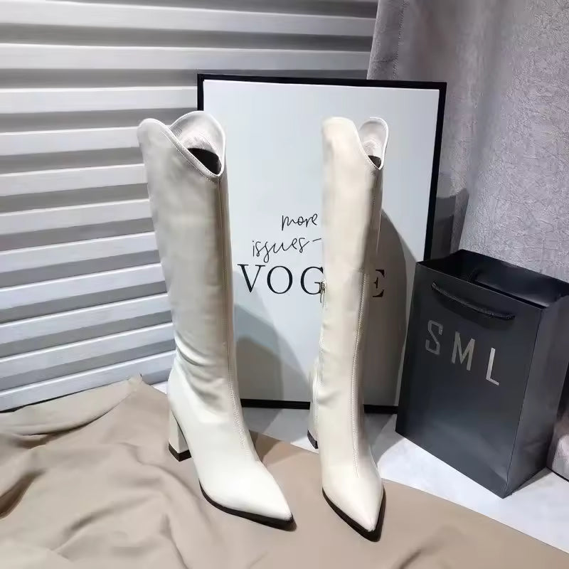 Women's PU Leather V-Cut Knee-High Pointed Toe Block Heel Cowgirl Boots - CB037