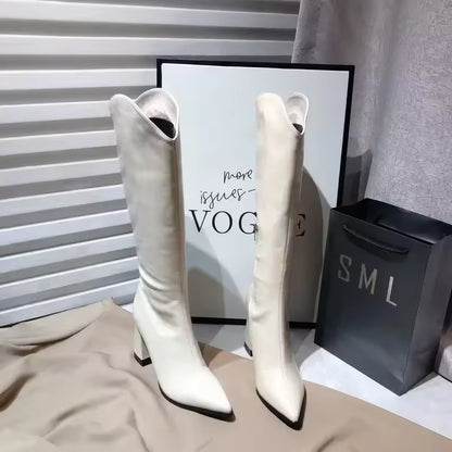 Women's PU Leather V-Cut Knee-High Pointed Toe Block Heel Cowgirl Boots - CB037
